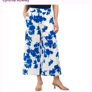 CYNTHIA ROWLEY 100% Flax Linen Cropped floral white/blue Pants Size M